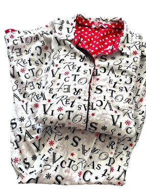 Victorias Secret Flannel Pajama Set L All Over Logo Print Snowflake White Black